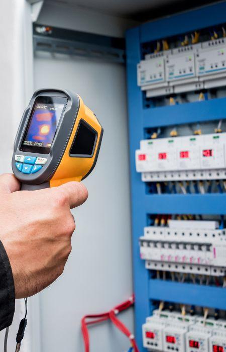 Infrared thermography of an electrical panel showing a hotspot.