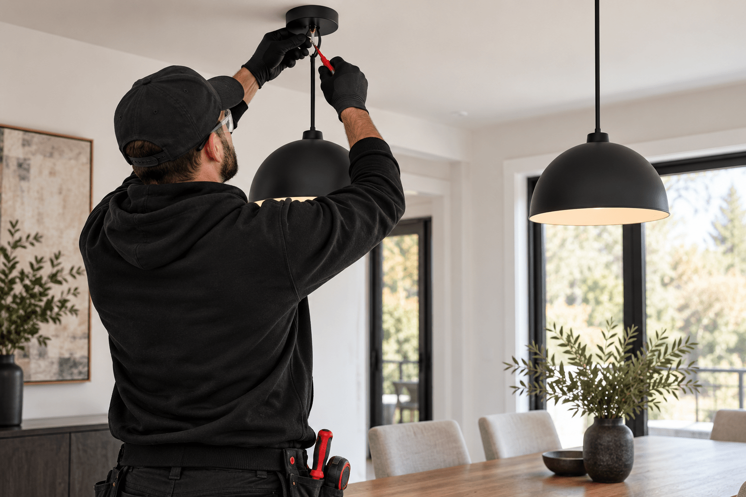Electrician installing a pendant light in a home