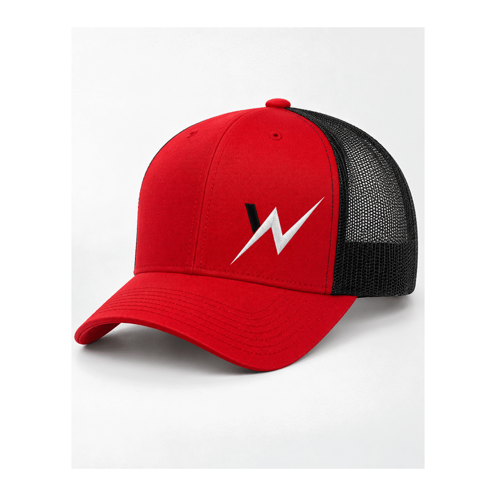 Red and black WEISS Electric LTD trucker cap, front view